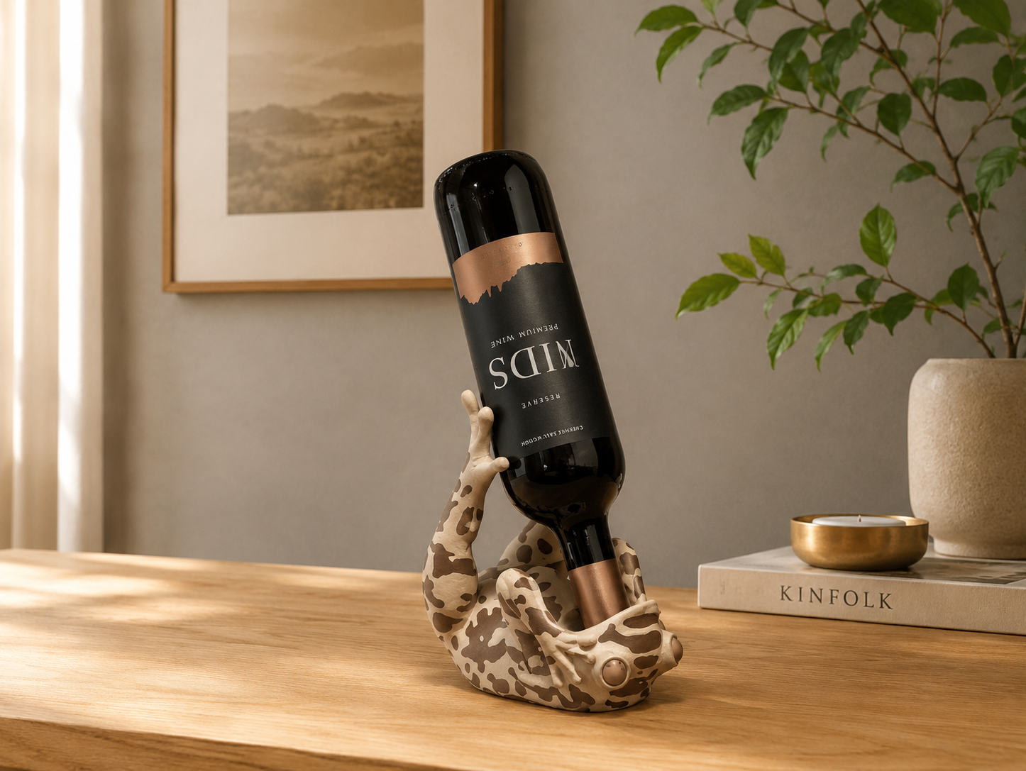 A wine bottle with a black label and rose gold metallic accents is displayed horizontally in a decorative printed frog holder on a wooden table. The setting is a warm, modern room with a potted plant, a book, and a framed print in the background.