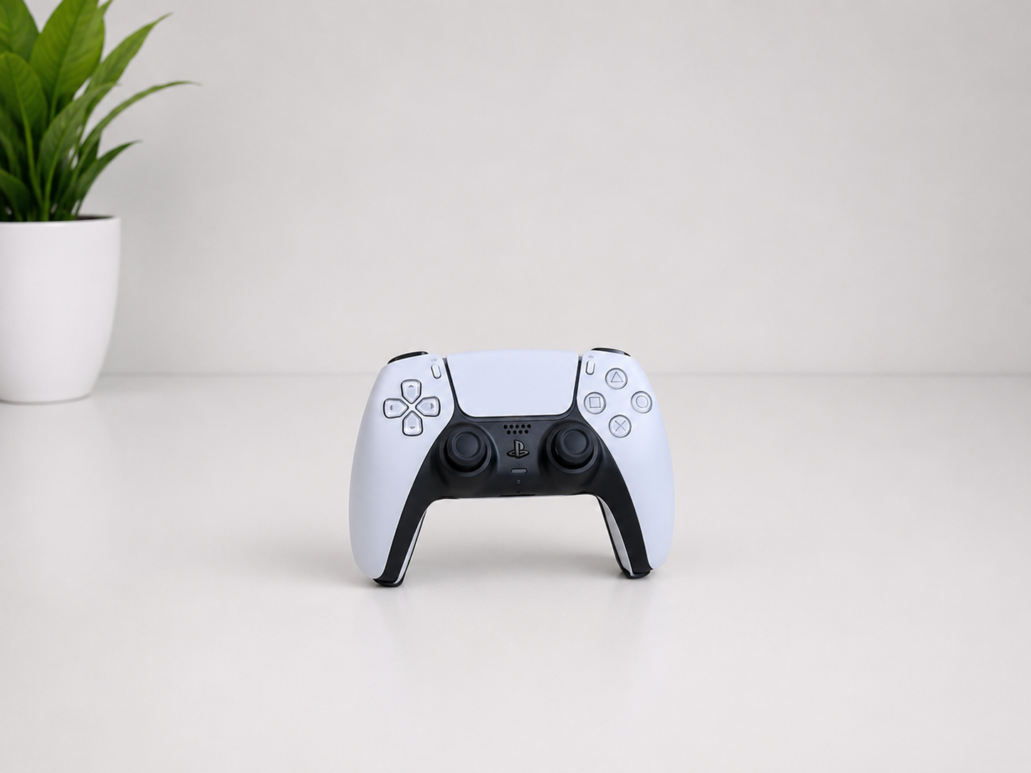 A light blue and black PlayStation 5 DualSense wireless controller standing upright on a white surface, with a small potted green plant in the background against a white wall.