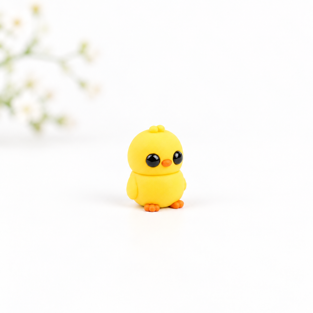 A small yellow chick figurine with orange feet and beak, large black eyes, and a tiny yellow crest on its head, standing on a white surface with soft blurred white flowers in the background.