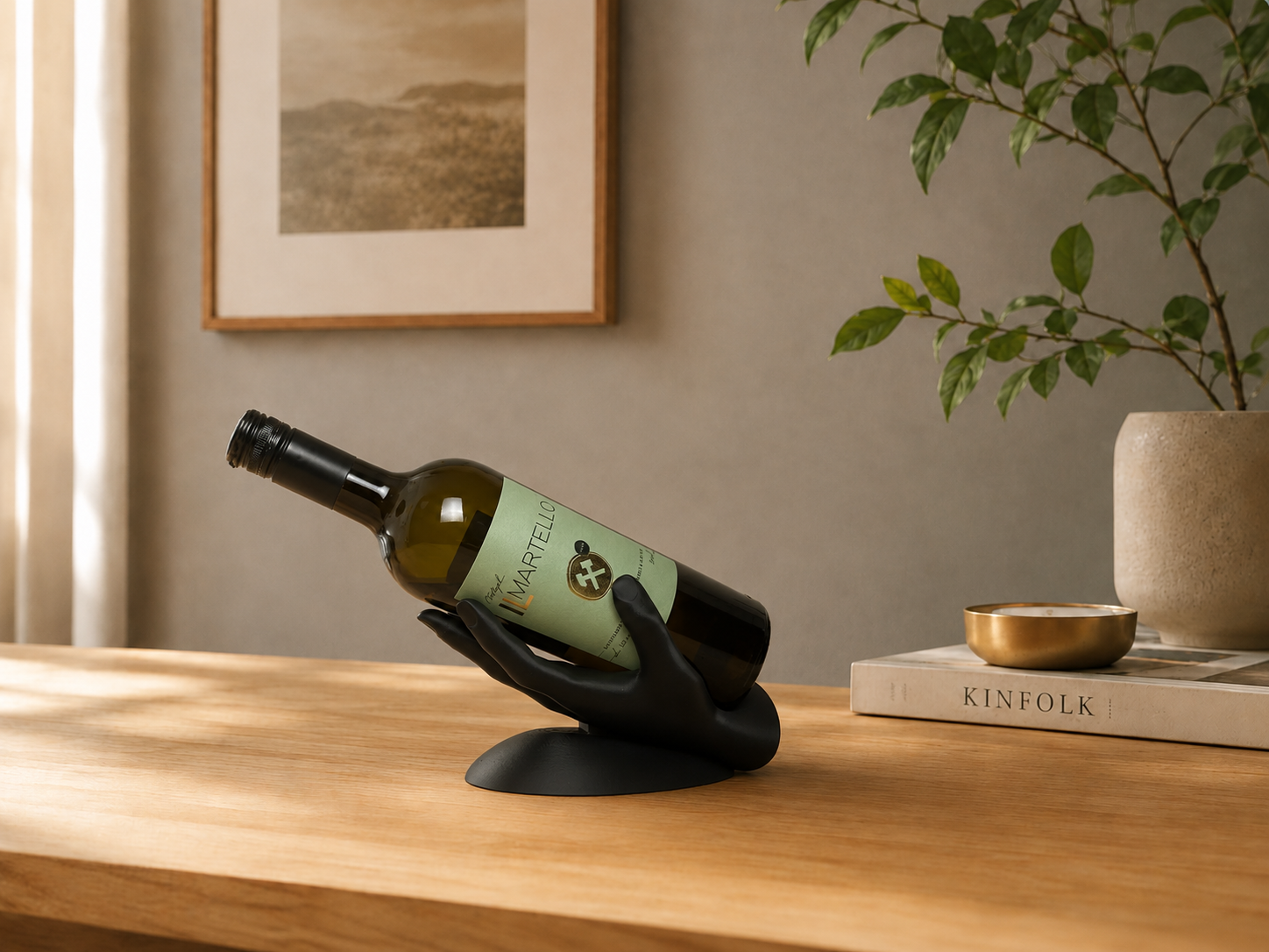 A black hand-shaped wine bottle holder on a wooden table, holding a wine bottle. The scene is styled with a framed picture on the wall, a potted plant, and a book.