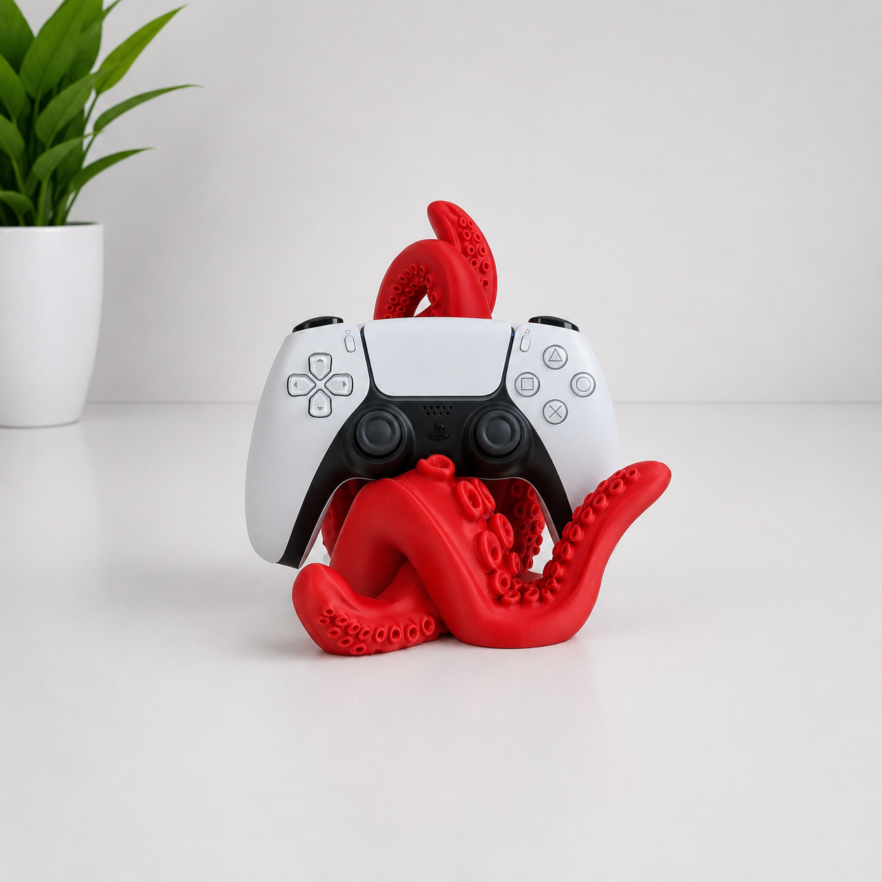 A red octopus-shaped game controller stand holding a white and black PlayStation-style controller, set on a white surface with a small green potted plant in the background.