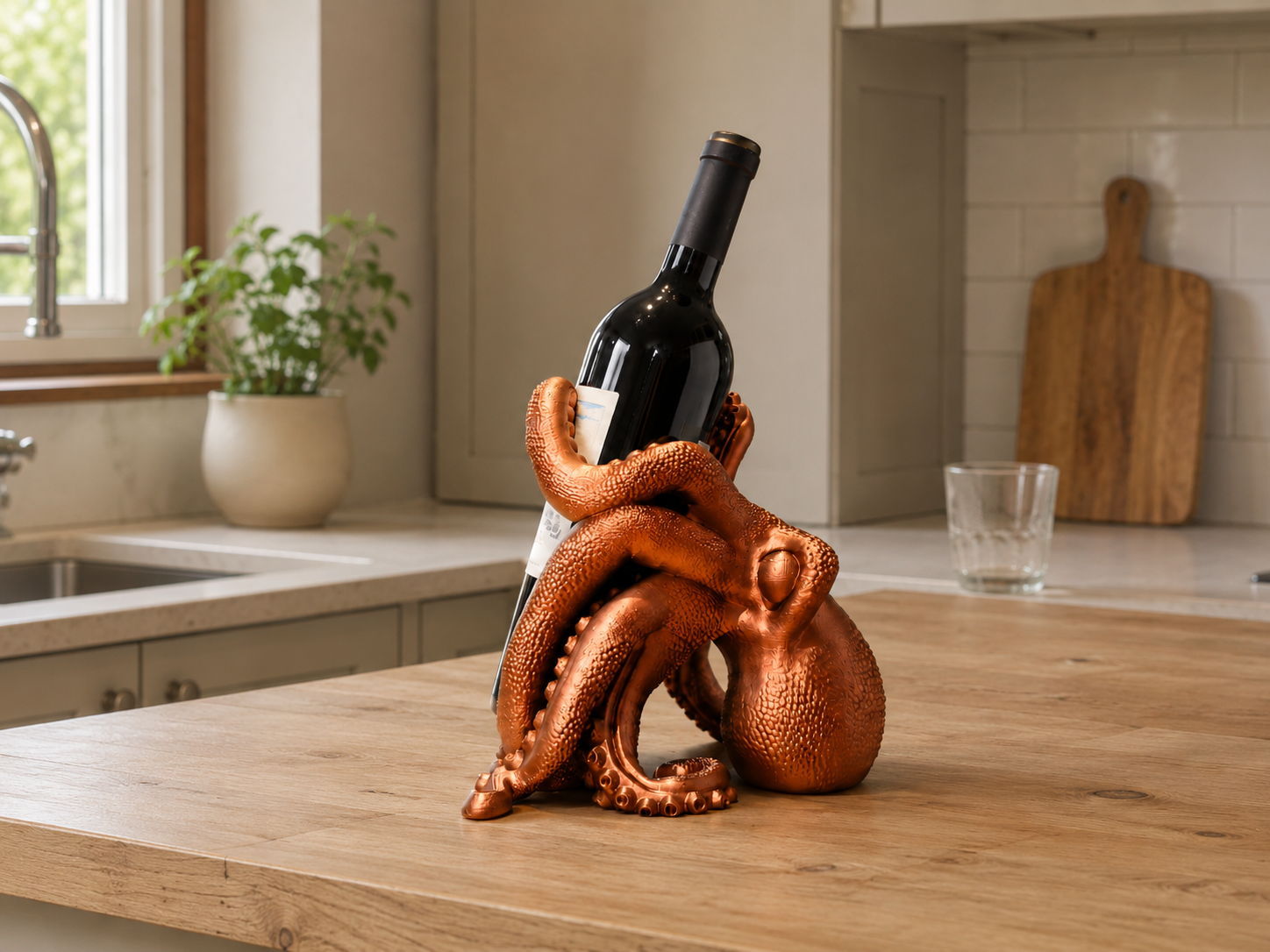 A copper octopus-shaped wine bottle holder on a wooden kitchen island, holding a dark wine bottle.