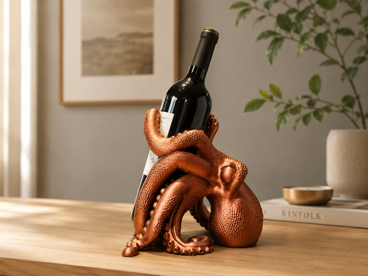 A copper-toned octopus-shaped wine bottle holder standing on a light wood table in a styled interior setting, holding a dark wine bottle.