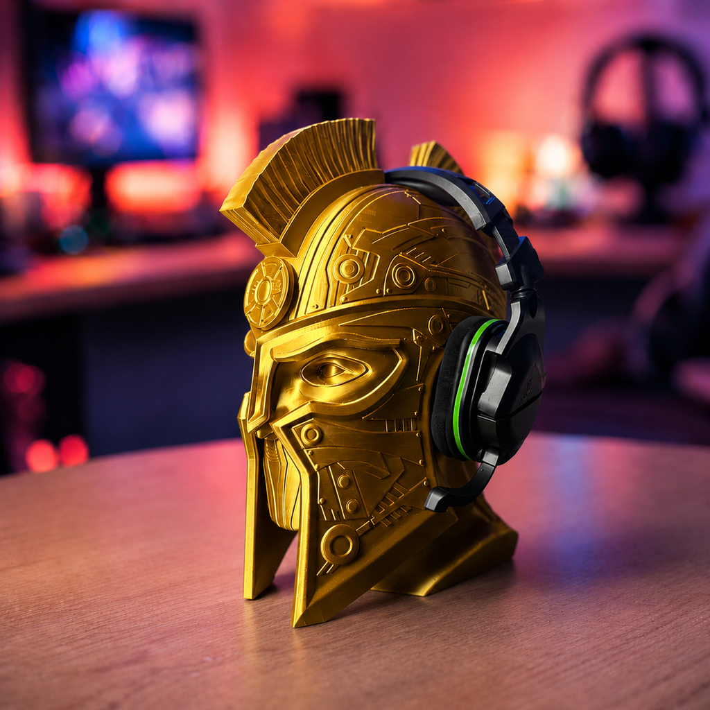 Gold Spartan helmet with headphones on a wooden surface, blurred gaming setup in the background