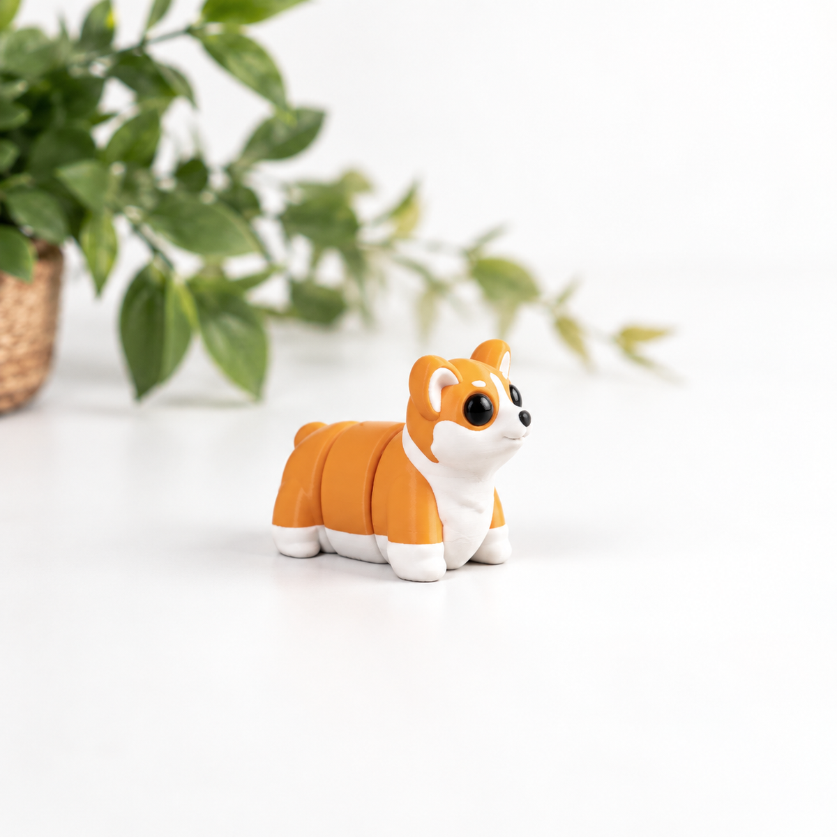 A small orange and white corgi figurine standing on a white surface, with a blurred green potted plant in the background.